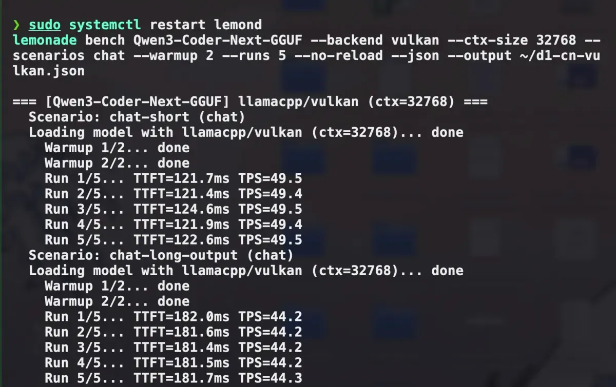 Qwen3-Coder-Next on Vulkan: 49.4–49.5 tok/s short, 44.2–44.3 long