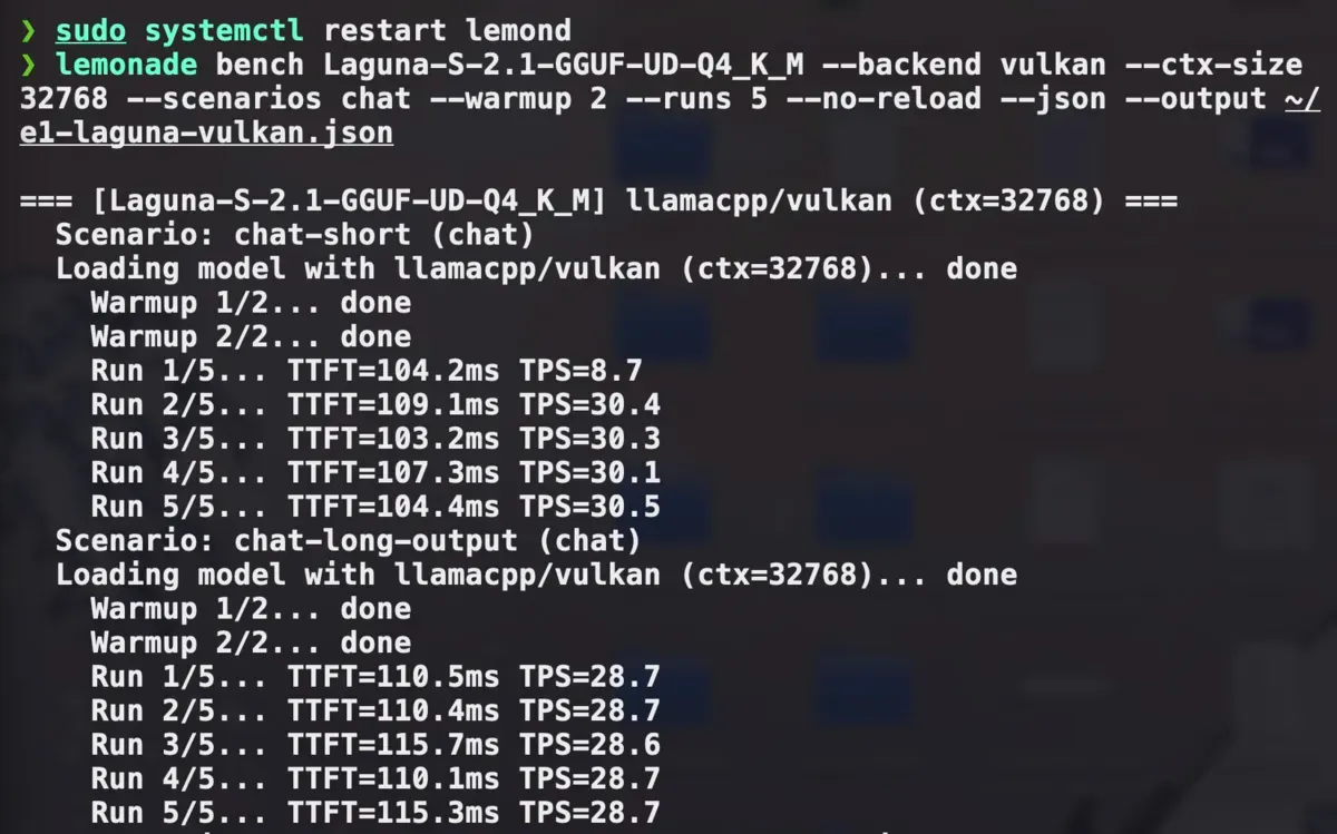 Laguna S 2.1 on Vulkan b10142: run 1 is a cold-start outlier at 8.7; runs 2–5 hold 30.1–30.5 short, 28.6–28.7 long