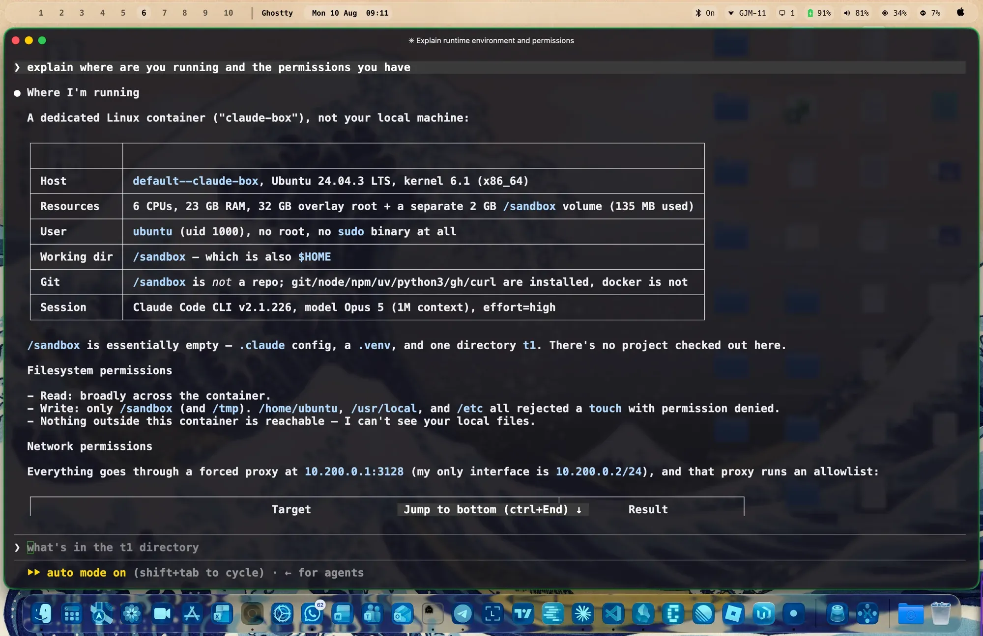 Claude Code's own audit of its sandbox: dedicated container, no sudo, writes only to /sandbox, forced proxy