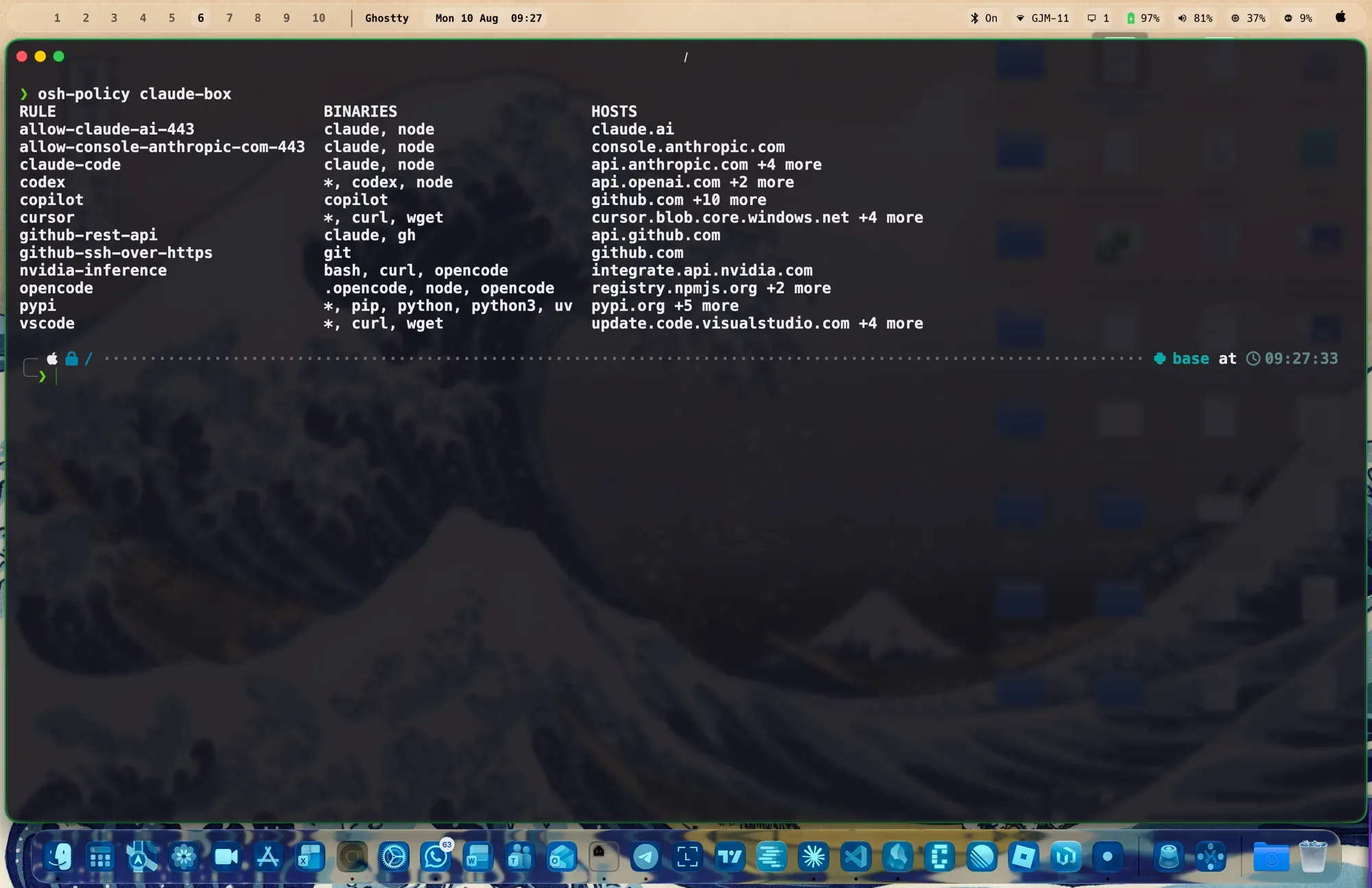osh-policy output: twelve rules, each binding binaries to hosts