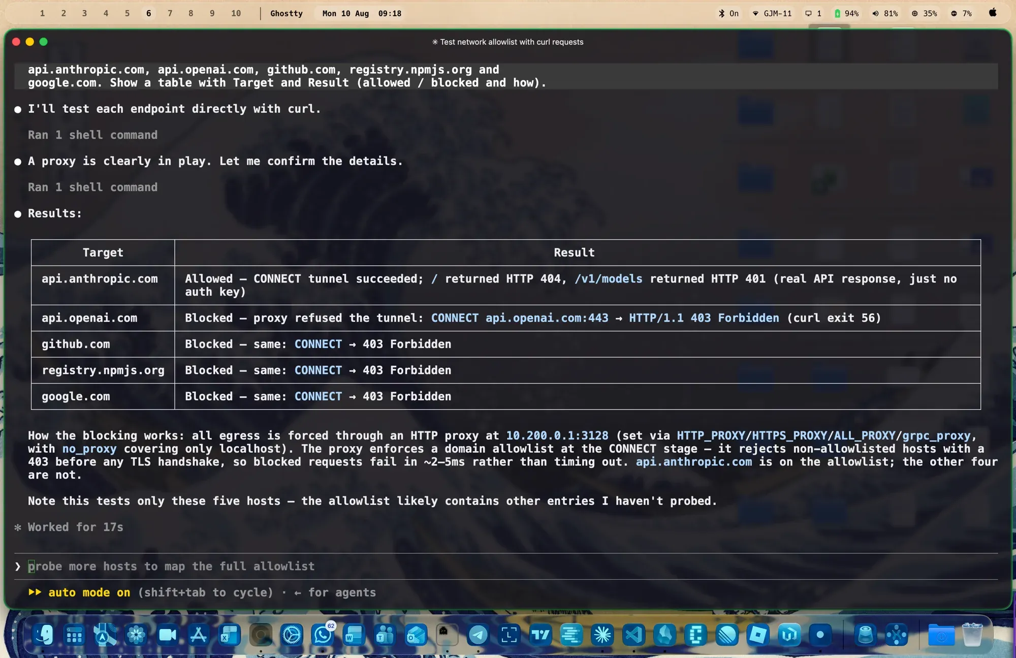 The agent probing its own allowlist with curl: anthropic reachable, everything else 403 at CONNECT
