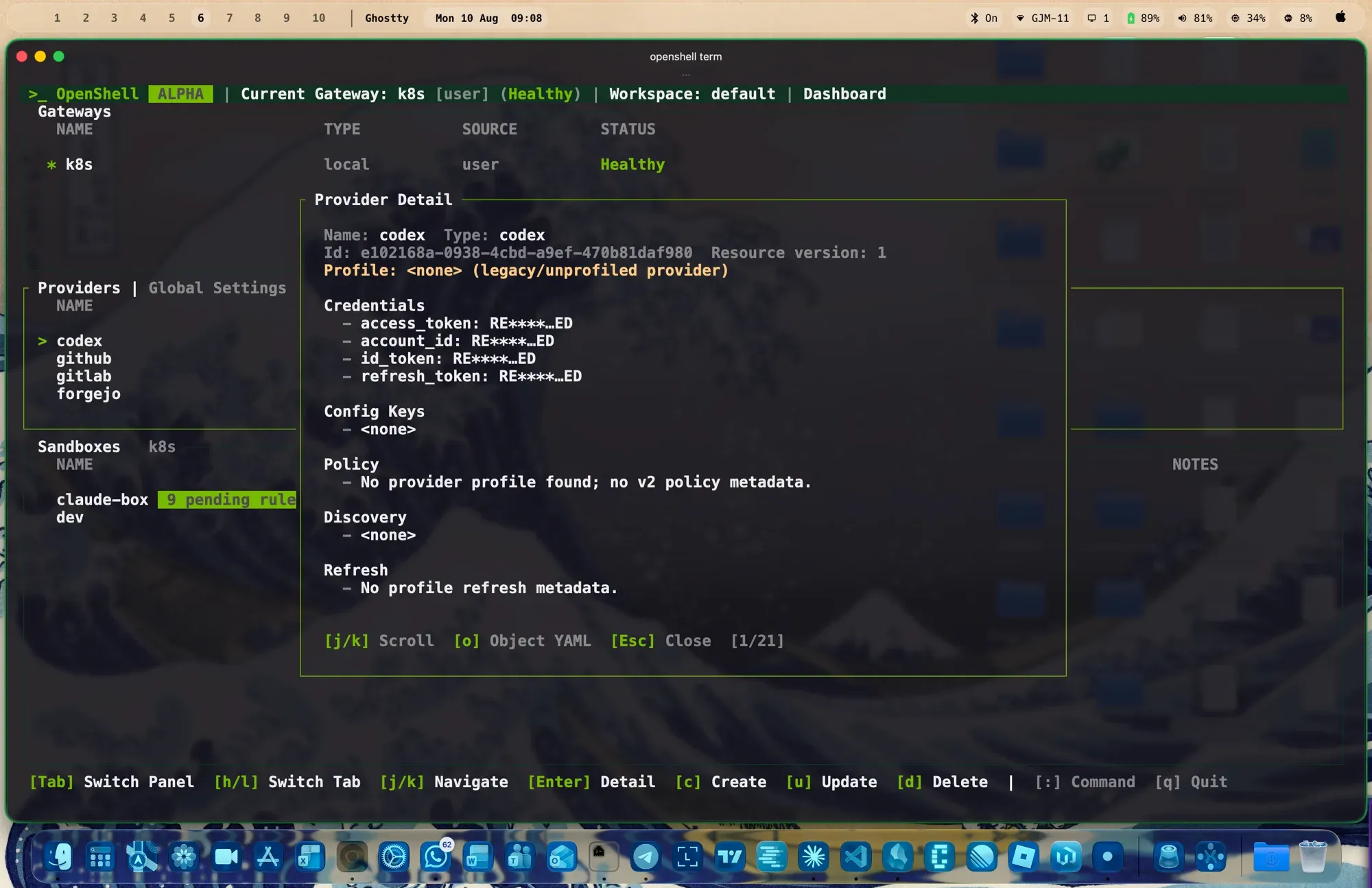 OpenShell TUI: four providers with masked credentials